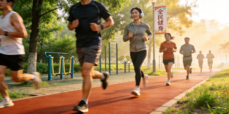 市民在公园步道上跑步锻炼，践行全民健身理念