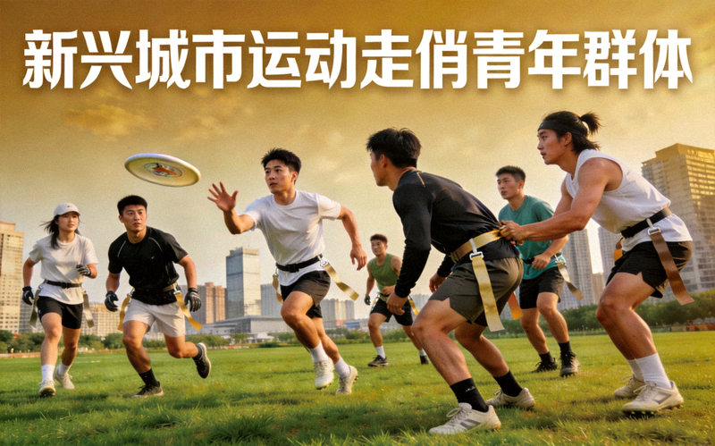 新兴城市运动走俏青年群体 - 年轻人在城市草坪上分组进行飞盘对抗与腰旗橄榄球训练