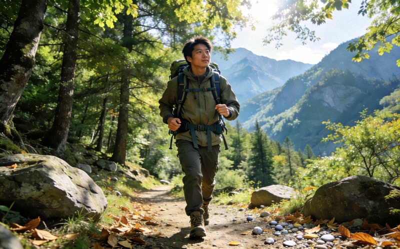 山野徒步旅行者 - 背包徒步者在山间小径上行走欣赏自然风光