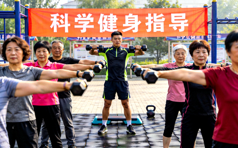科学健身指导活动现场，教练带领居民进行力量训练