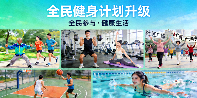 全民健身计划升级宣传图 - 人们在不同场景运动