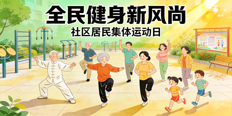 全民健身新风尚活动宣传图 - 社区居民集体运动场景