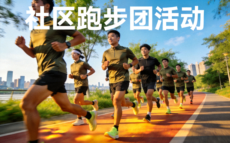 社区跑步团活动 - 跑者们在城市绿道集体跑步