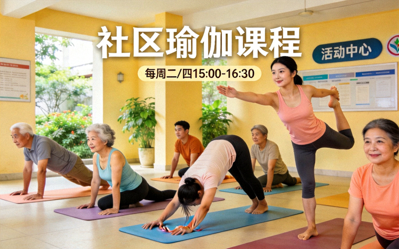 社区瑜伽课程 - 居民在社区活动中心练习瑜伽