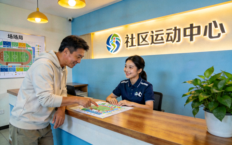 社区运动中心前台 - 居民正在咨询场馆预约服务