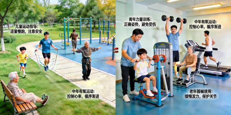 不同年龄人群在公园与健身房运动 - 全民健身个性化指导场景