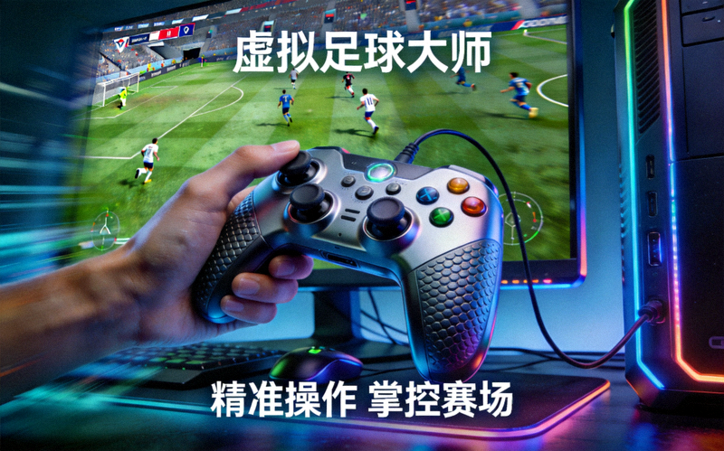 游戏手柄与电竞设备特写 - 虚拟足球大师游戏操作场景