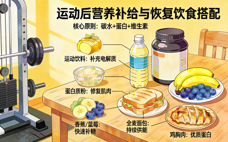 运动后的营养补给与恢复饮食搭配展示画面