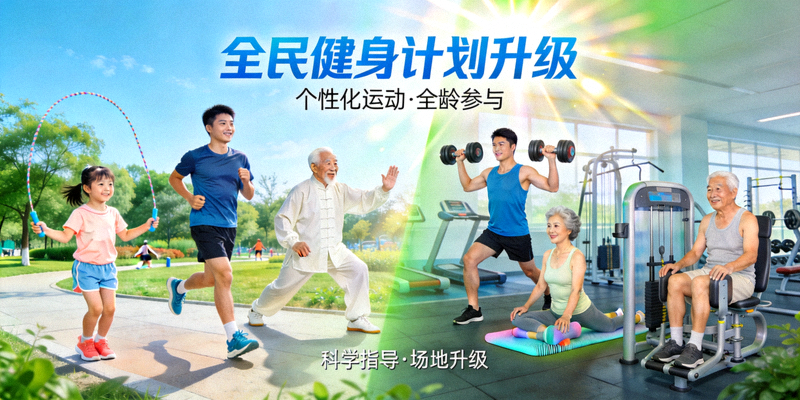 全民健身计划升级宣传图 - 不同年龄人群在公园与健身房进行个性化运动