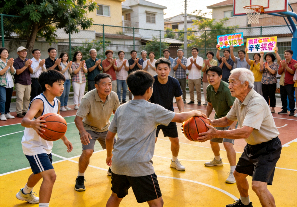 社区篮球场上不同年龄的居民一起打球，场边观众鼓掌欢呼
