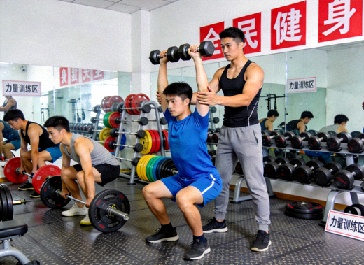 健身教练在明亮健身房中指导学员进行力量训练的全民健身画面