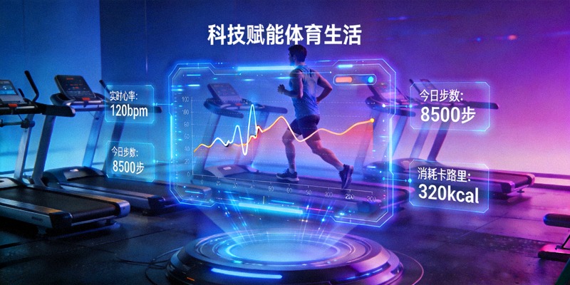 科技赋能体育生活概念图 - 全息投影界面实时分析用户运动数据