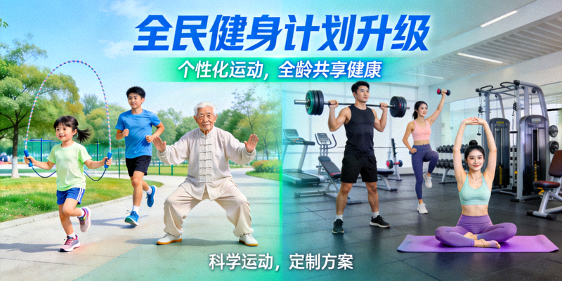 全民健身计划升级宣传图 - 不同年龄人群在公园与健身房进行个性化运动