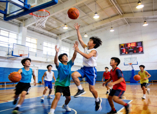 校园体育馆内青少年学生进行篮球训练与对抗比赛的场景