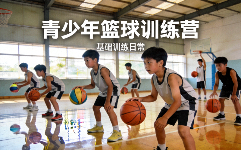 青少年篮球训练营 - 少年球员在室内球馆进行基础训练