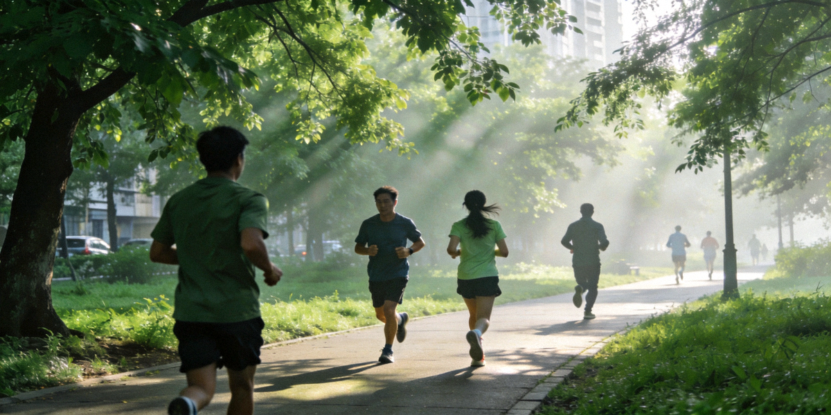 市民在城市公园步道上进行晨跑锻炼，两旁绿树成荫