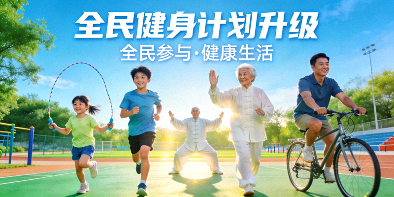全民健身计划升级宣传图 - 不同年龄人群在户外进行运动锻炼