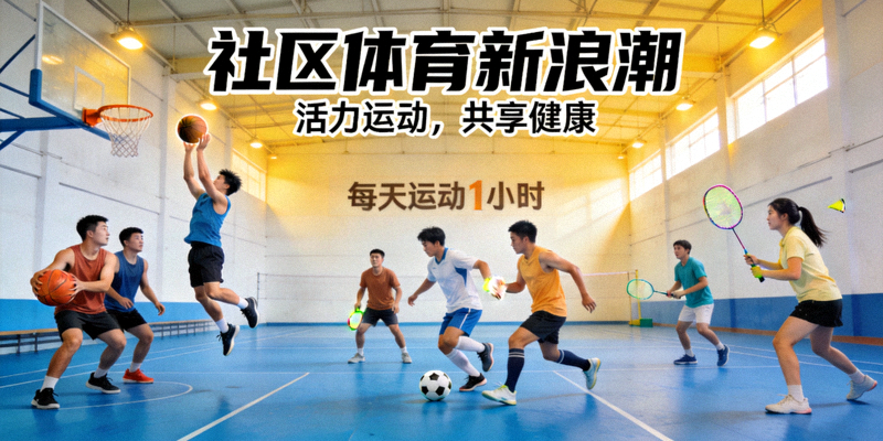 社区体育新浪潮宣传图 - 人们在明亮的室内体育馆进行球类运动