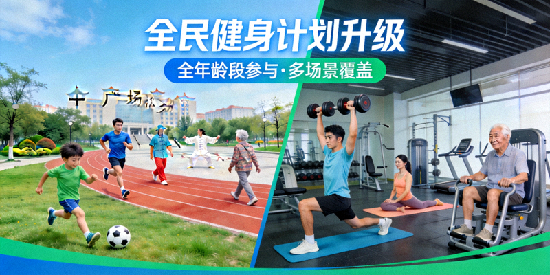 全民健身计划升级宣传图 - 不同年龄人群在户外与健身房进行运动